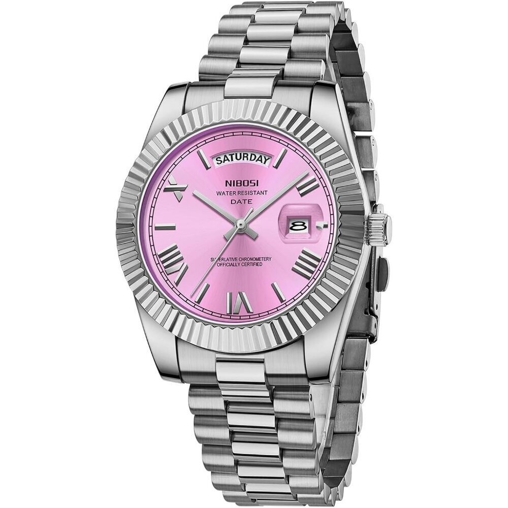 Men's Silver Pink Stainless Steel Analog Classic Design Stylish Wrist Watch